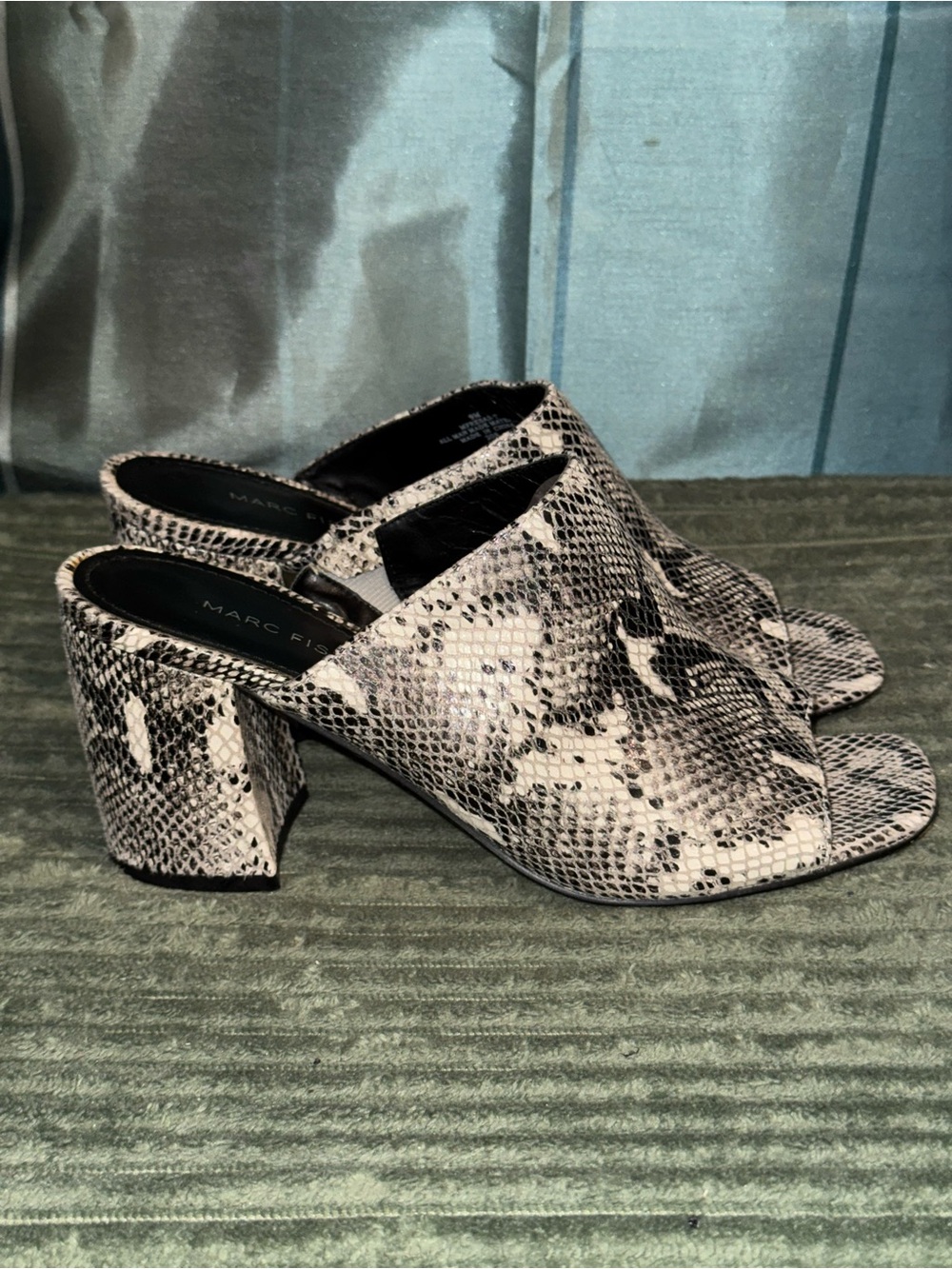 Marc Fisher Black & White Snake-Print Block Heel Mules